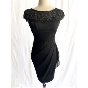 Cache Black Fitted Dress With Rhinestones Around the Top and Cap Sleeves